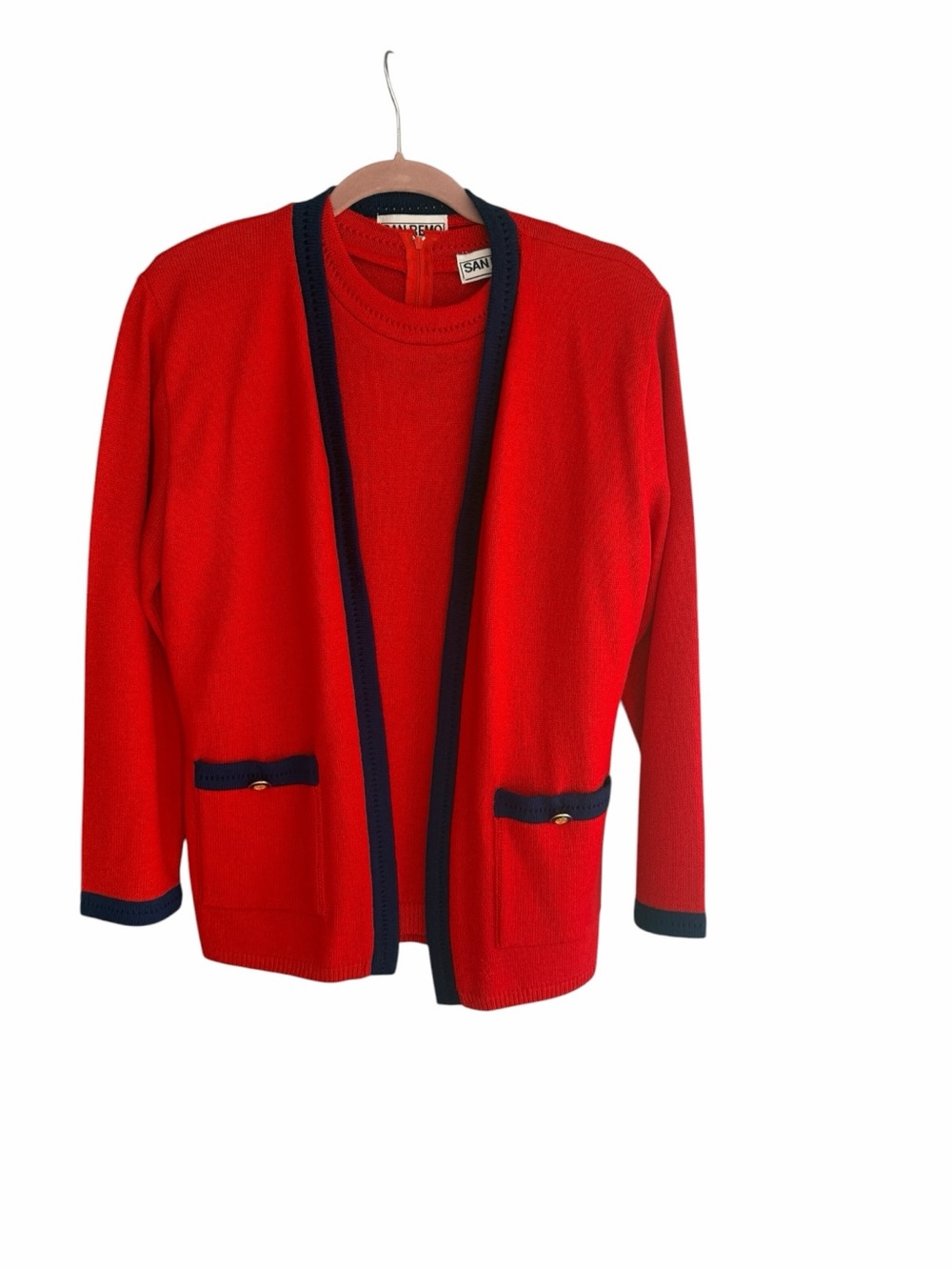 Vintage San Remo by Laura Knit Sweater Set Red Navy Trim Top M Cardigan L